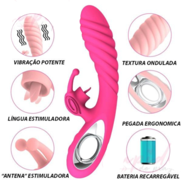 Vibrador Duplo Vicky Potente Com Orelhinha e Língua Estimuladora - Image 4