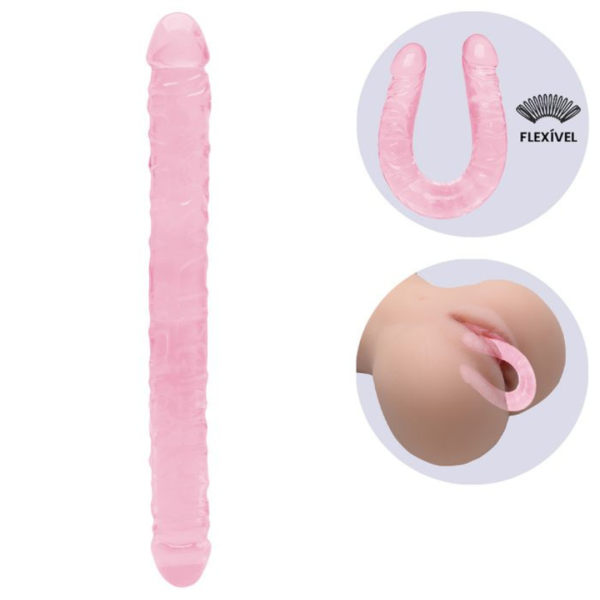 Pênis Ponta Dupla Rosa Flexível com Veias Texturizada 33x3CM - Image 3