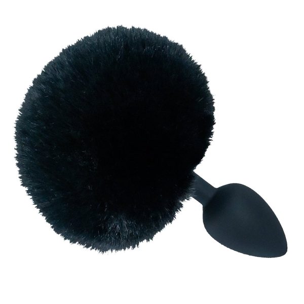 Plug Anal Cônico Silicone Preto com Rabo Coelho - Tamanho P