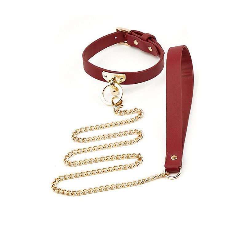 Coleira Bondage e Corrente Guia - Vermelho - Sado Fetiche