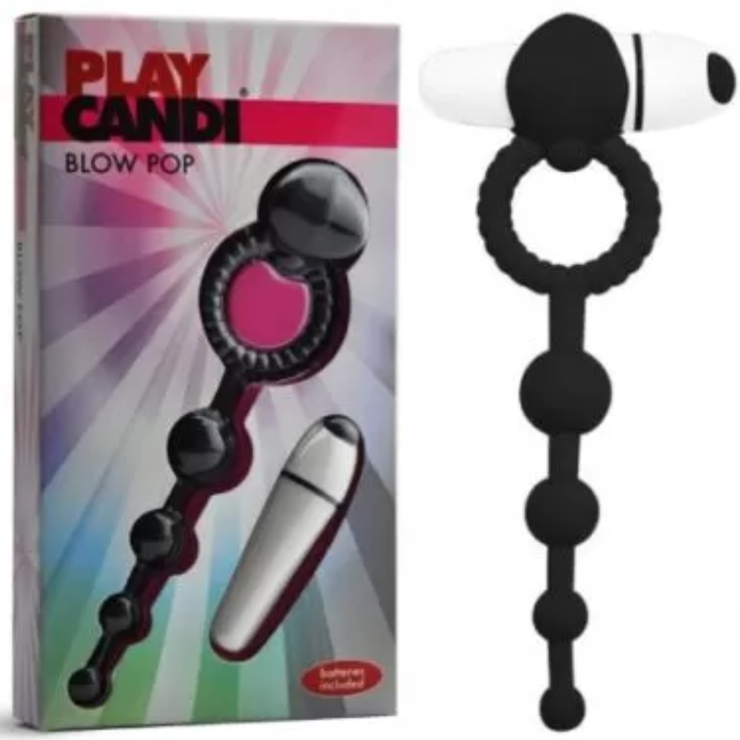 Anel peniano com cordão de bolas anais e cápsula vibratória - BLOW POP - PLAY CANDI