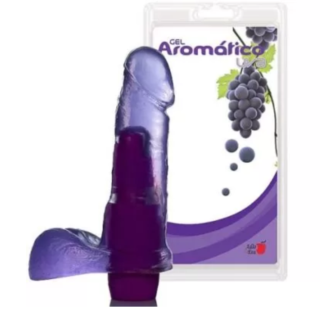 Pênis Realístico Prótese com Escroto Gel Aroma Uva - 16,5x4 cm com vibrador