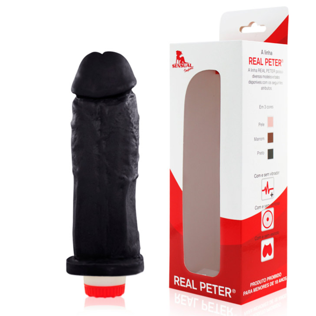 Pênis Real Peter Larger com Vibrador Preto - 18x5cm - Sexshop