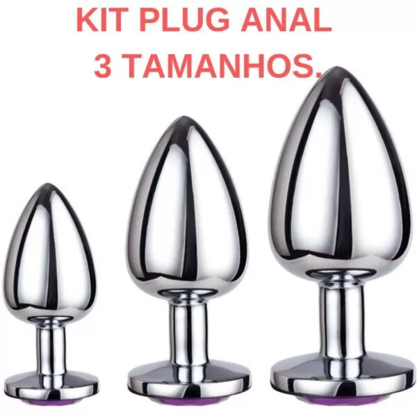 Kit 03 Plug anal em Metal Com Pedra - Sexshop