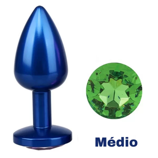 Plug Anal Azul Metalizado em Aço Inoxidável Com Joia Médio